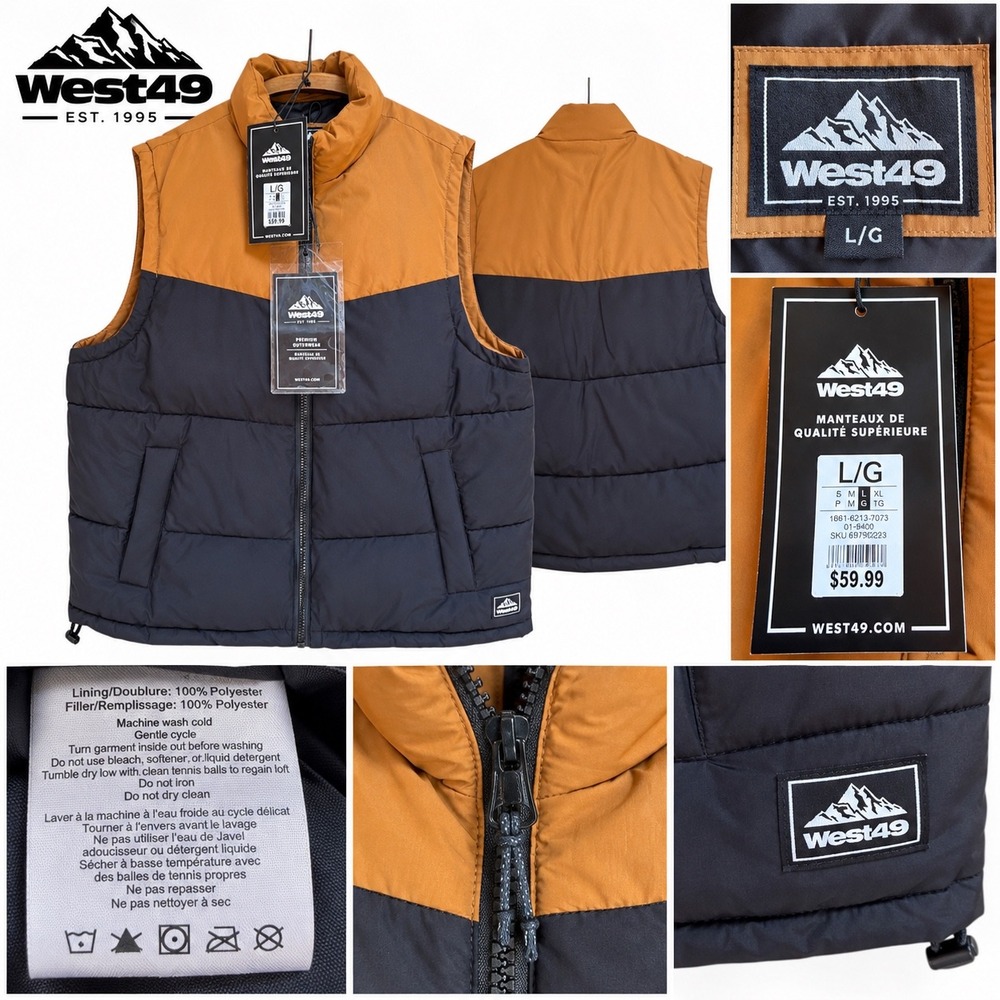 West49 Mens Puffer Vest Tan Black Colorblock Ripstop Full Zip Large NWT